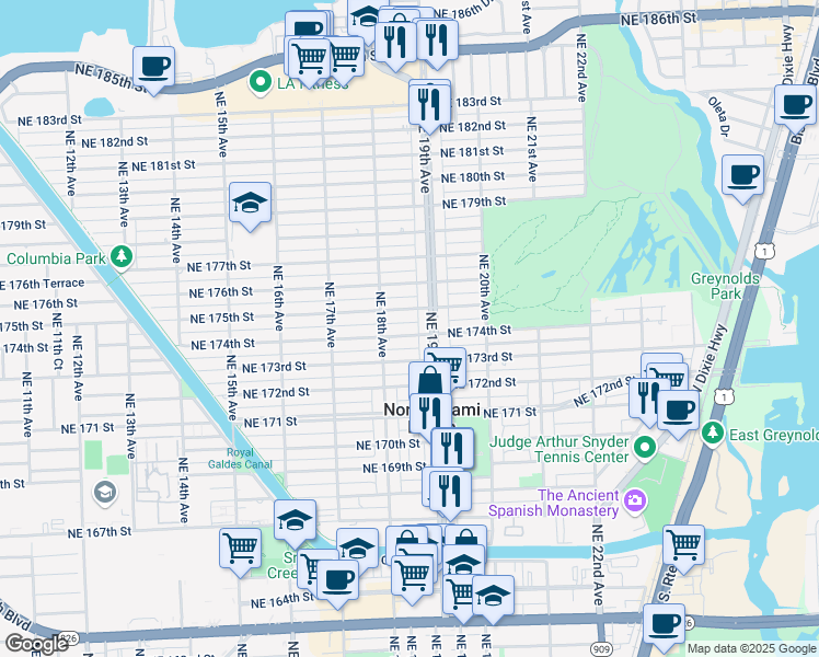 map of restaurants, bars, coffee shops, grocery stores, and more near in North Miami Beach