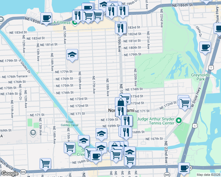 map of restaurants, bars, coffee shops, grocery stores, and more near 1798 Northeast 175th Street in North Miami Beach