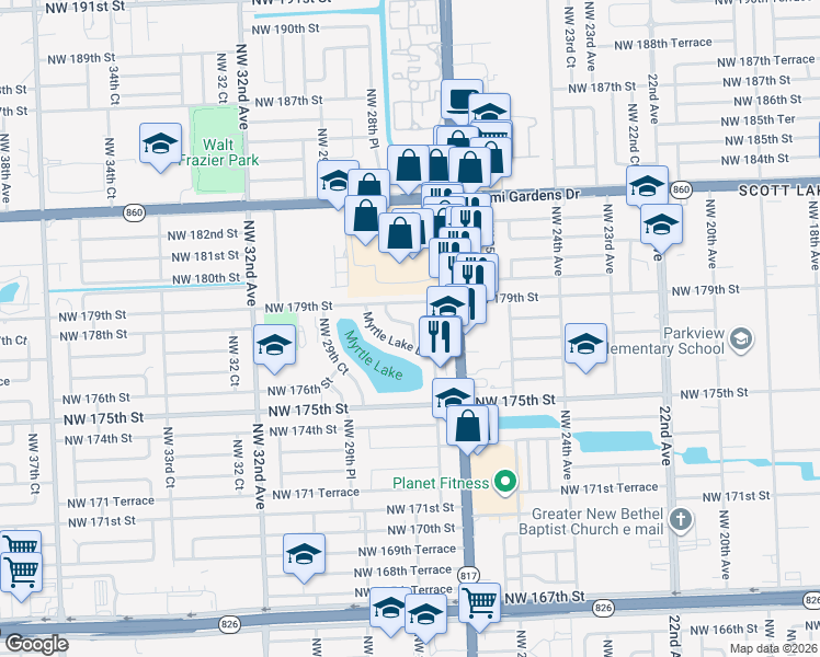map of restaurants, bars, coffee shops, grocery stores, and more near 17821 Northwest 28th Court in Miami Gardens