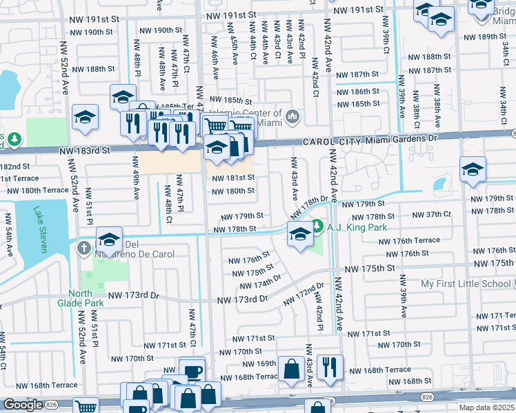 map of restaurants, bars, coffee shops, grocery stores, and more near 4434 Northwest 179th Terrace in Miami Gardens