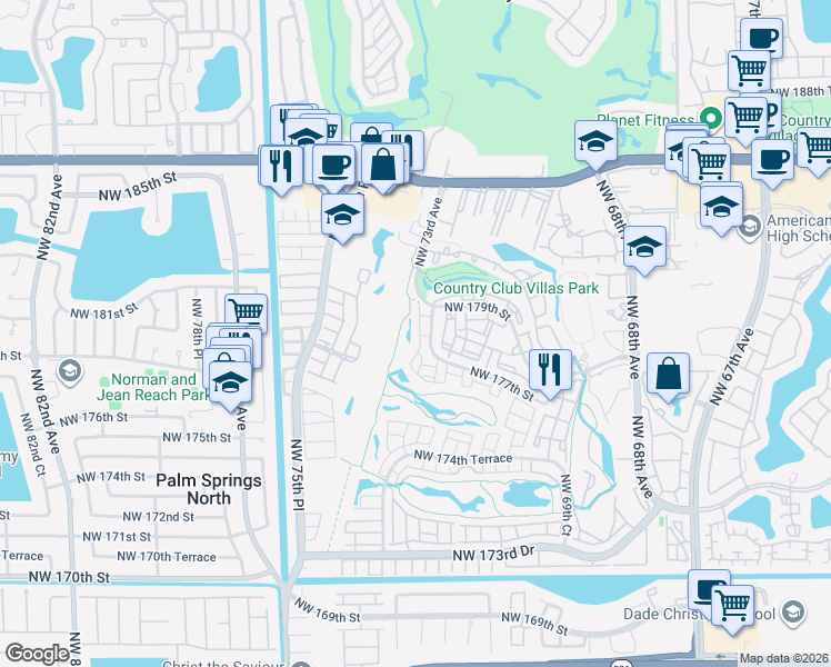 map of restaurants, bars, coffee shops, grocery stores, and more near 17720 Northwest 73rd Avenue in Hialeah