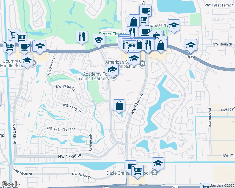 map of restaurants, bars, coffee shops, grocery stores, and more near 18011 Northwest 68th Avenue in Hialeah