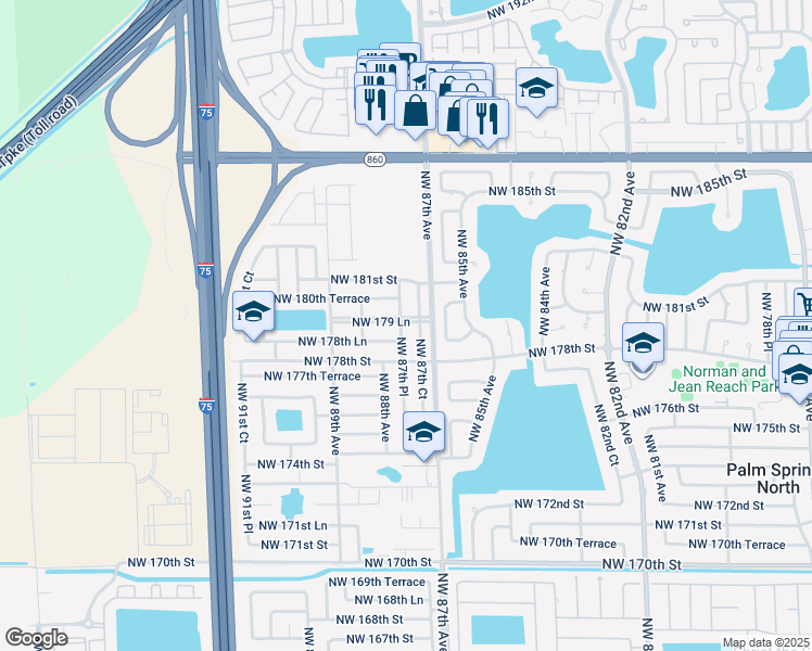map of restaurants, bars, coffee shops, grocery stores, and more near 17953 Northwest 87th Place in Miami Lakes