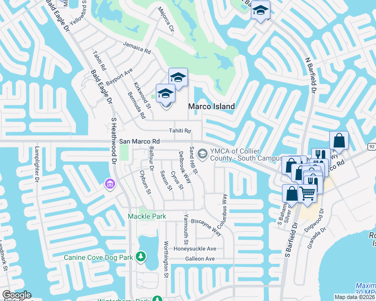 map of restaurants, bars, coffee shops, grocery stores, and more near 70 Sand Hill Street in Marco Island
