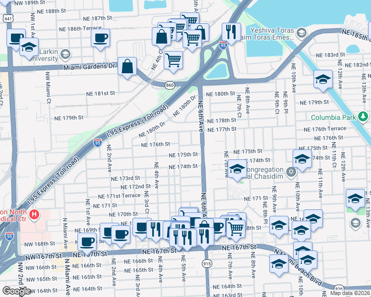 map of restaurants, bars, coffee shops, grocery stores, and more near 520 Northeast 175th Terrace in North Miami Beach