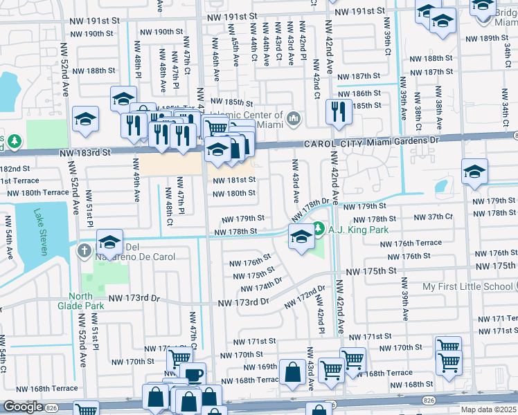 map of restaurants, bars, coffee shops, grocery stores, and more near 4434 Northwest 179th Terrace in Miami Gardens