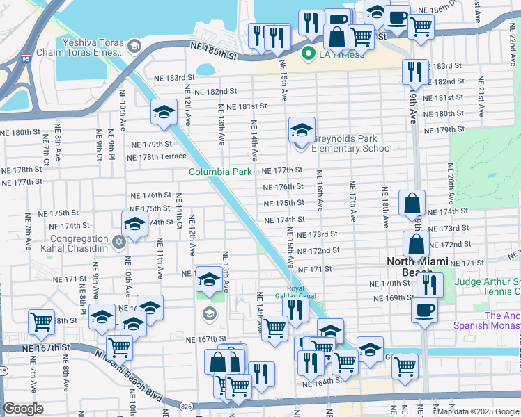 map of restaurants, bars, coffee shops, grocery stores, and more near 1414 Northeast 175th Street in North Miami Beach