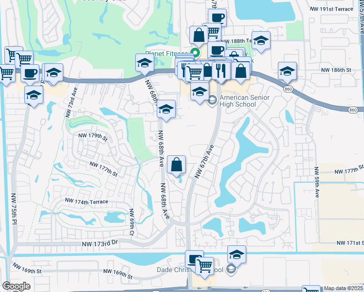 map of restaurants, bars, coffee shops, grocery stores, and more near 17990-19916 Northwest 67th Circle in Hialeah