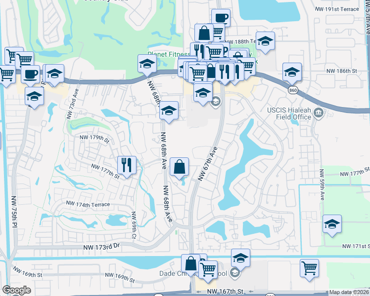 map of restaurants, bars, coffee shops, grocery stores, and more near 17990-19916 Northwest 67th Circle in Hialeah
