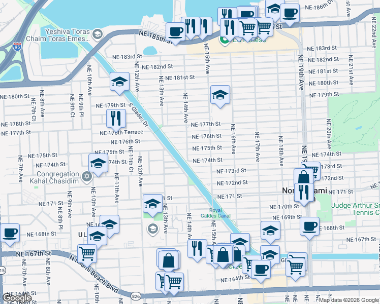 map of restaurants, bars, coffee shops, grocery stores, and more near 1414 Northeast 175th Street in North Miami Beach