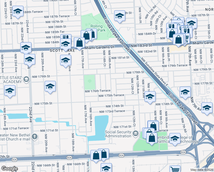 map of restaurants, bars, coffee shops, grocery stores, and more near 17720 Northwest 14th Court in Miami