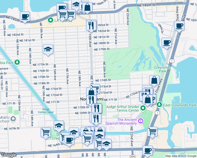 map of restaurants, bars, coffee shops, grocery stores, and more near 1949 Northeast 174th Street in North Miami Beach
