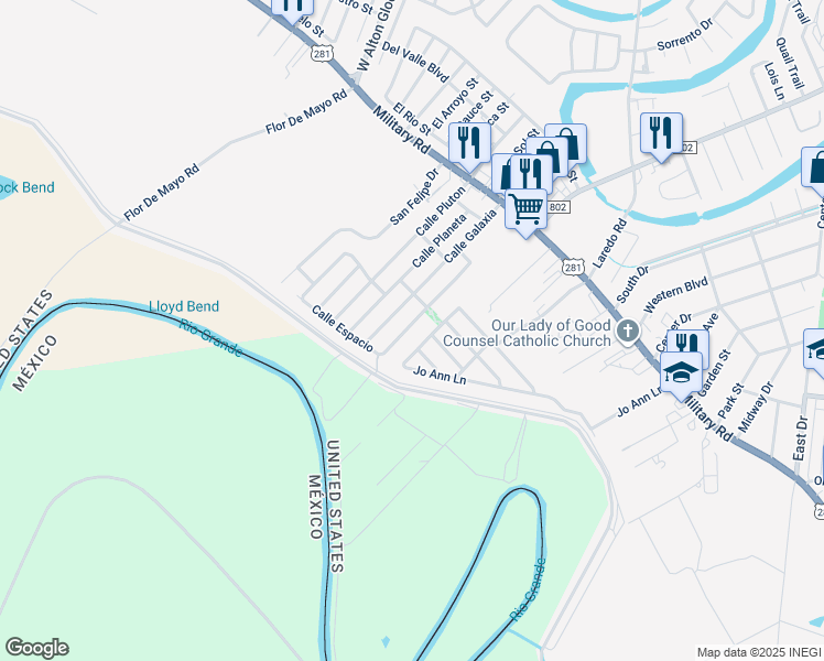map of restaurants, bars, coffee shops, grocery stores, and more near 1529 Calle Espacio in Brownsville