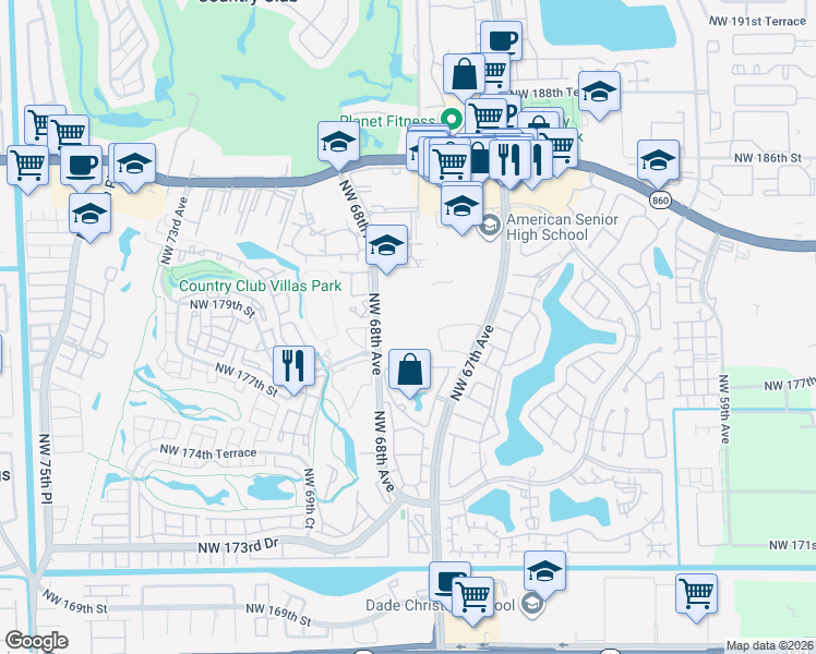 map of restaurants, bars, coffee shops, grocery stores, and more near 17990-19916 Northwest 67th Circle in Hialeah