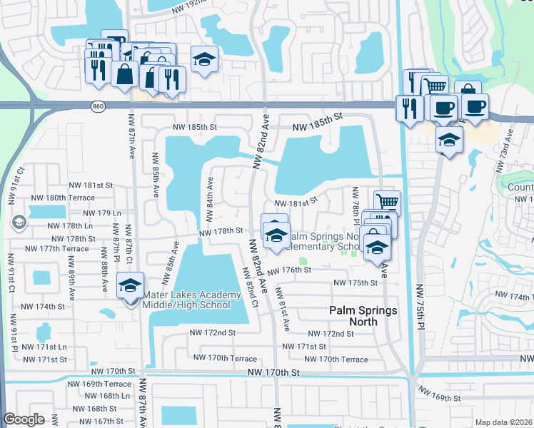 map of restaurants, bars, coffee shops, grocery stores, and more near 17845 Northwest 81st Court in Hialeah