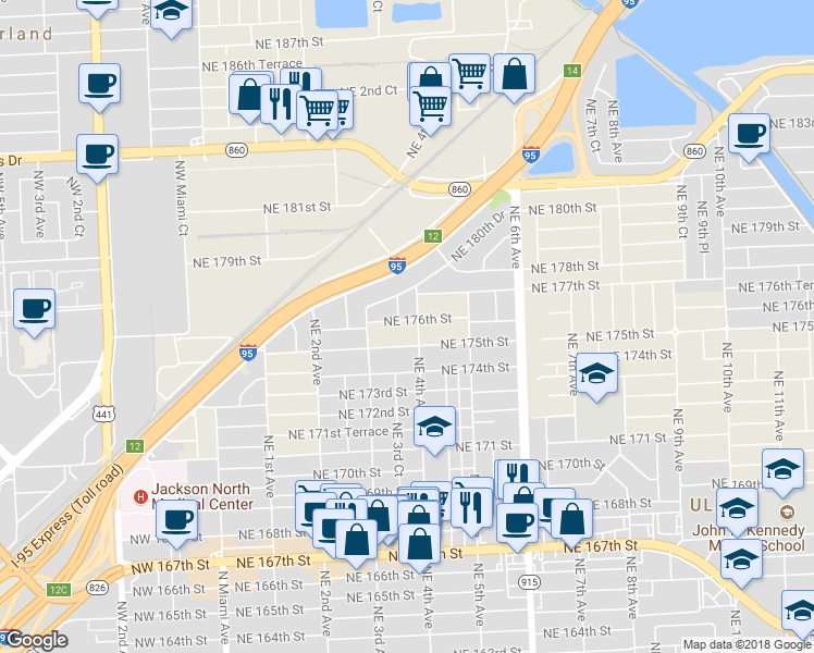 map of restaurants, bars, coffee shops, grocery stores, and more near 370 Northeast 176th Street in North Miami Beach
