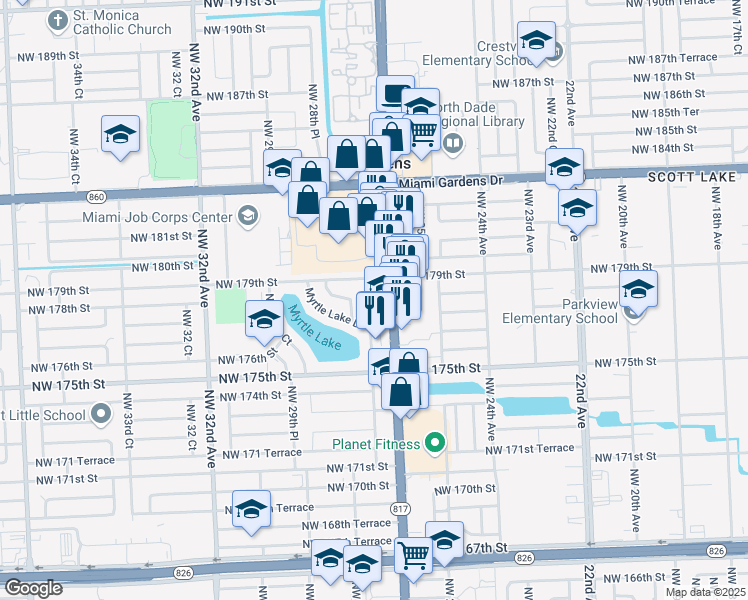map of restaurants, bars, coffee shops, grocery stores, and more near 17801 Northwest 27th Court in Miami Gardens