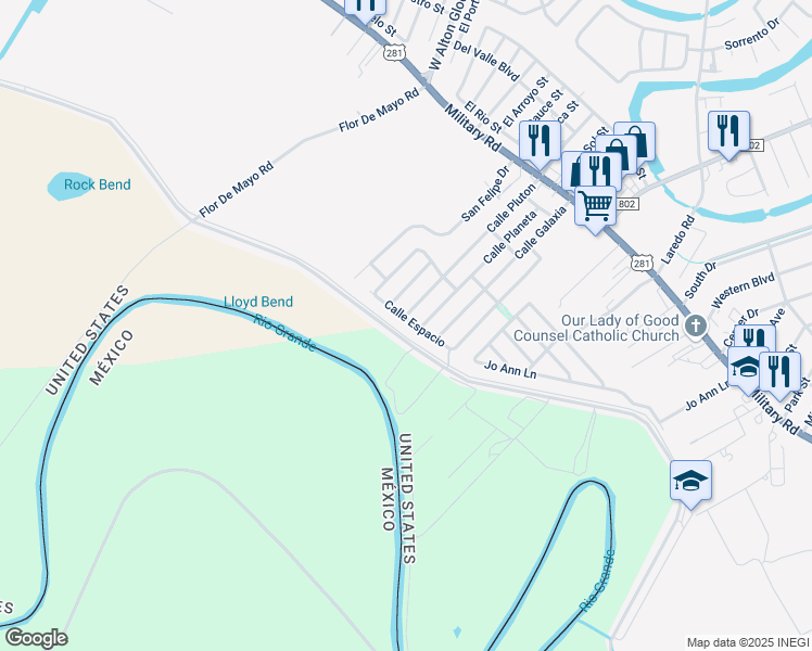 map of restaurants, bars, coffee shops, grocery stores, and more near 1633 Calle Espacio in Brownsville