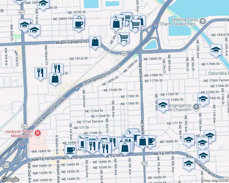 map of restaurants, bars, coffee shops, grocery stores, and more near 370 Northeast 176th Street in North Miami Beach