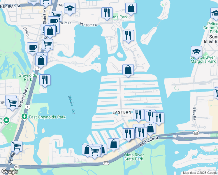 map of restaurants, bars, coffee shops, grocery stores, and more near 3360 Northeast 170th Street in North Miami Beach