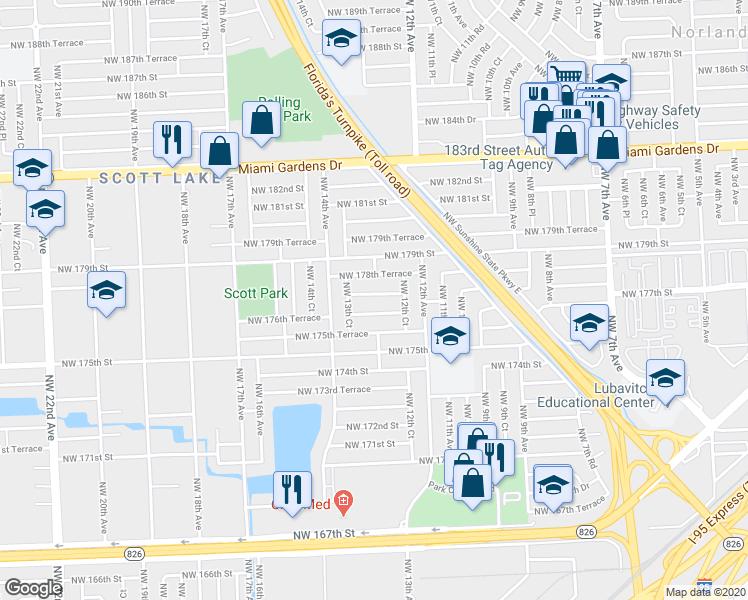map of restaurants, bars, coffee shops, grocery stores, and more near 1300 Northwest 177th Terrace in Miami