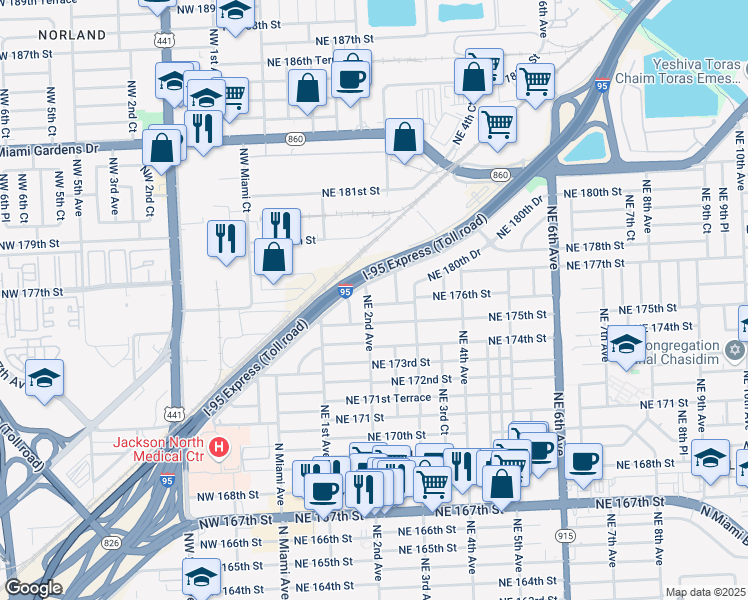 map of restaurants, bars, coffee shops, grocery stores, and more near 235 Northeast 175th Terrace in North Miami Beach
