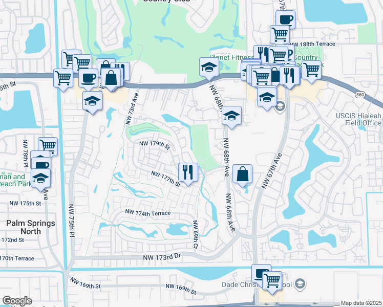 map of restaurants, bars, coffee shops, grocery stores, and more near 6865 Northwest 179th Street in Miami Gardens