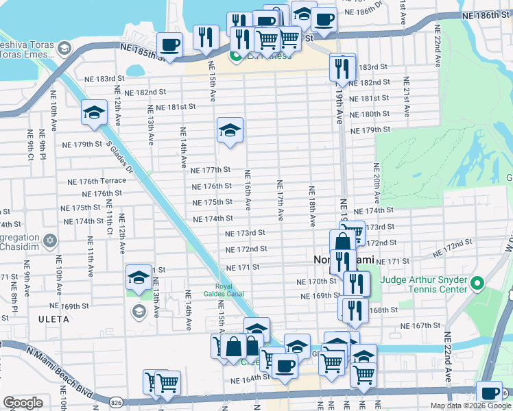map of restaurants, bars, coffee shops, grocery stores, and more near 1648 Northeast 175th Street in North Miami Beach
