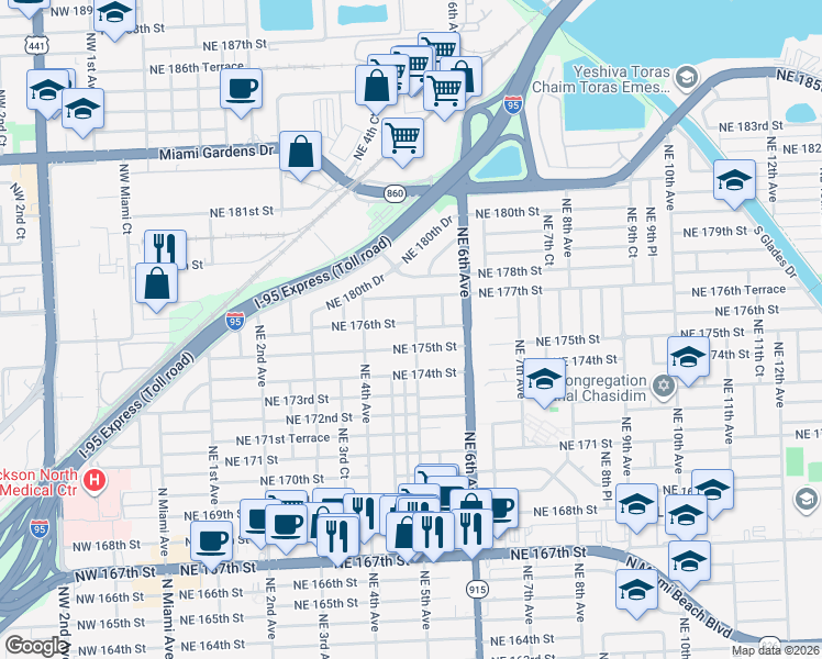 map of restaurants, bars, coffee shops, grocery stores, and more near 450 Northeast 176th Street in North Miami Beach