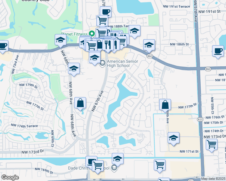map of restaurants, bars, coffee shops, grocery stores, and more near 17931 Northwest 66th Court in Hialeah
