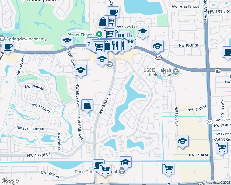 map of restaurants, bars, coffee shops, grocery stores, and more near 6641 Northwest 179th Terrace in Hialeah