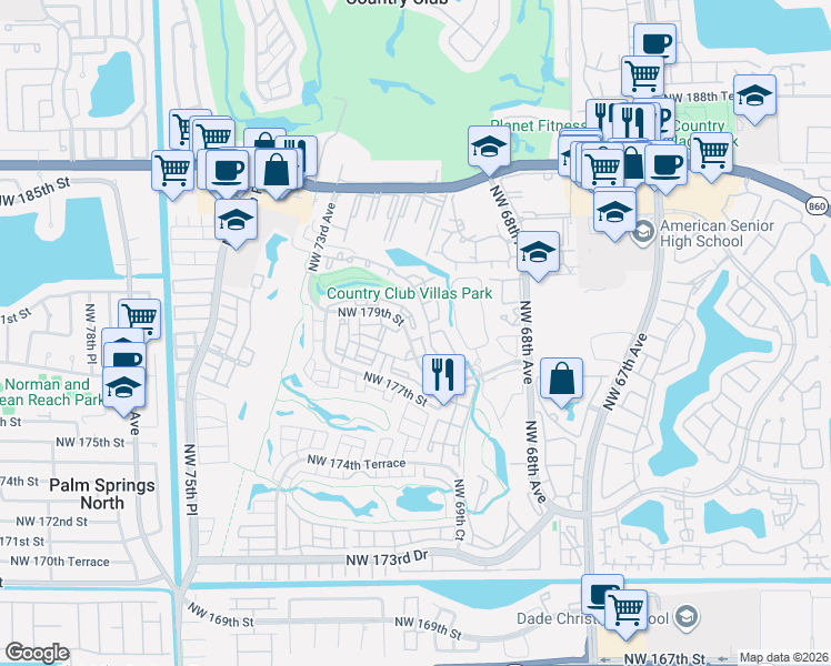 map of restaurants, bars, coffee shops, grocery stores, and more near 7075 Northwest 179th Street in Hialeah