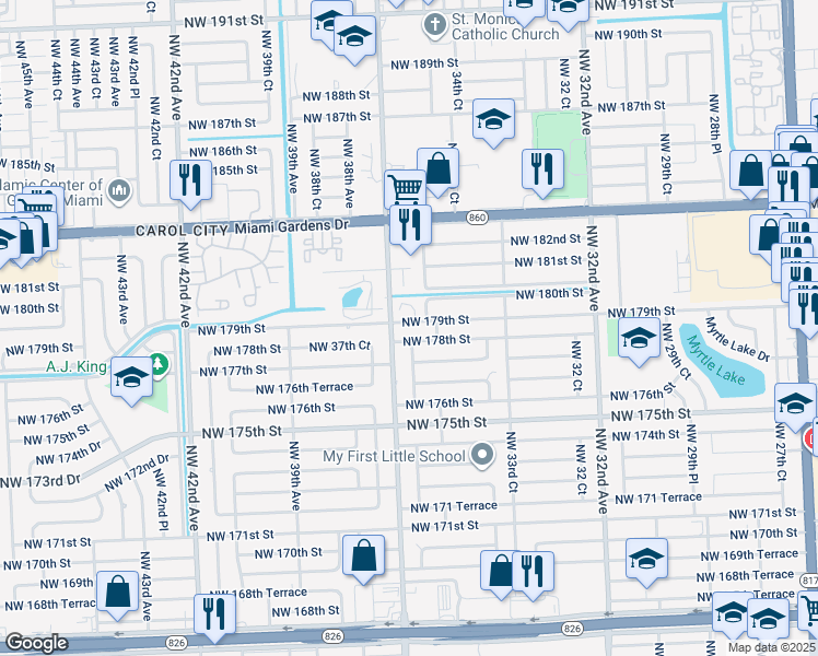 map of restaurants, bars, coffee shops, grocery stores, and more near 3600 Northwest 179th Street in Miami Gardens