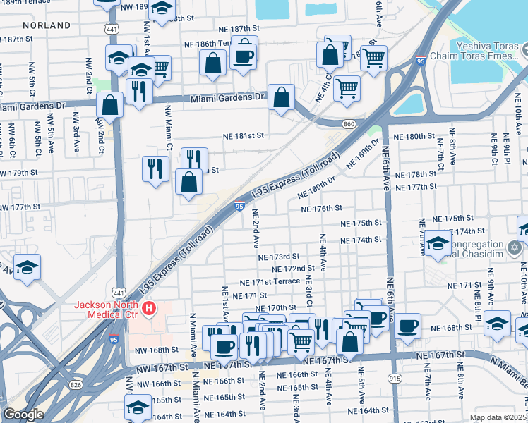 map of restaurants, bars, coffee shops, grocery stores, and more near 235 Northeast 175th Terrace in North Miami Beach