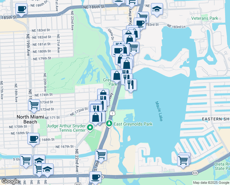 map of restaurants, bars, coffee shops, grocery stores, and more near 17385 Dixie Highway in North Miami Beach