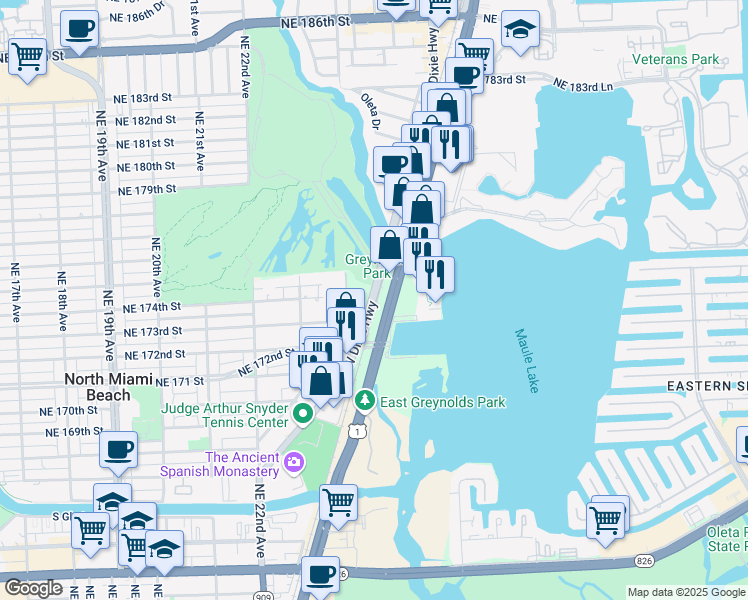 map of restaurants, bars, coffee shops, grocery stores, and more near 17385 Dixie Highway in North Miami Beach