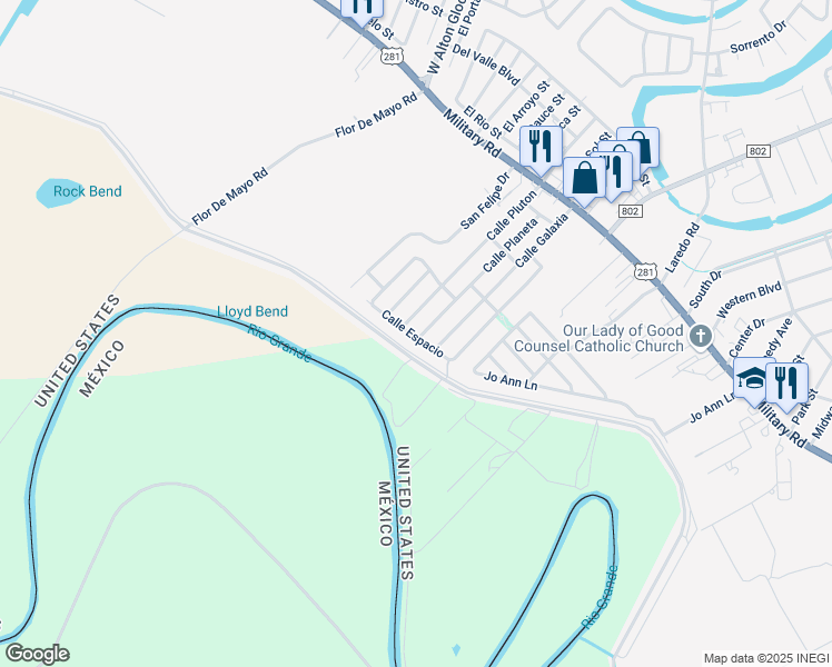 map of restaurants, bars, coffee shops, grocery stores, and more near 1633 Calle Espacio in Brownsville