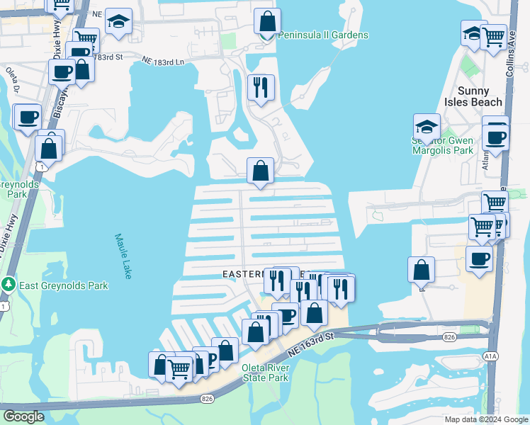 map of restaurants, bars, coffee shops, grocery stores, and more near 3600 Northeast 170th Street in Miami