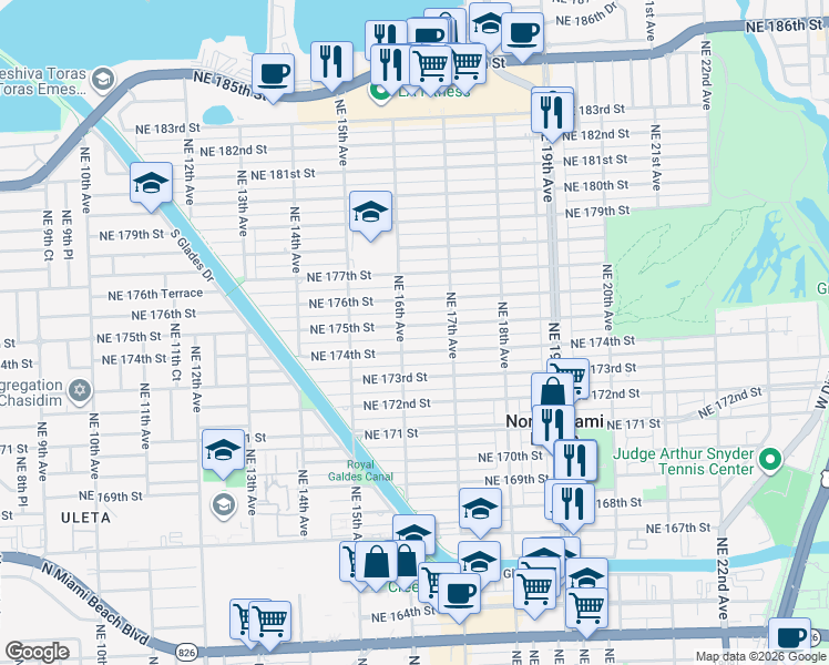 map of restaurants, bars, coffee shops, grocery stores, and more near 1648 Northeast 175th Street in North Miami Beach