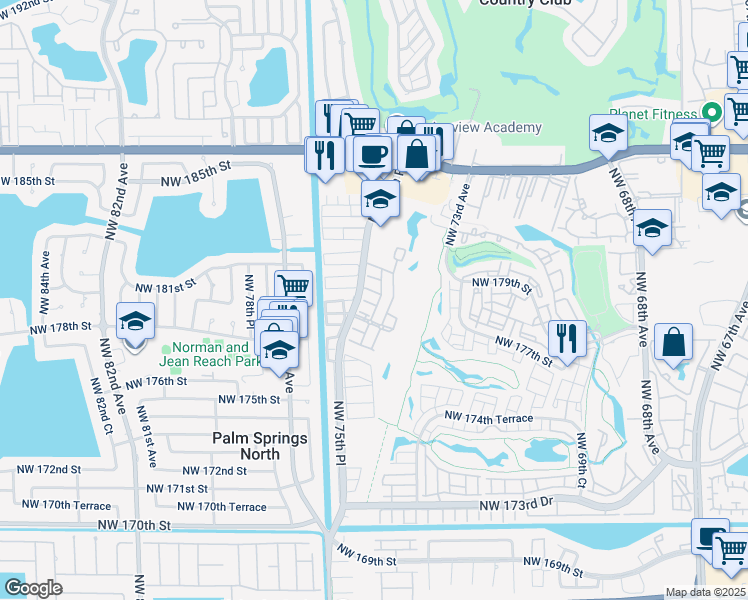 map of restaurants, bars, coffee shops, grocery stores, and more near 7459 Northwest 179th Terrace in Hialeah