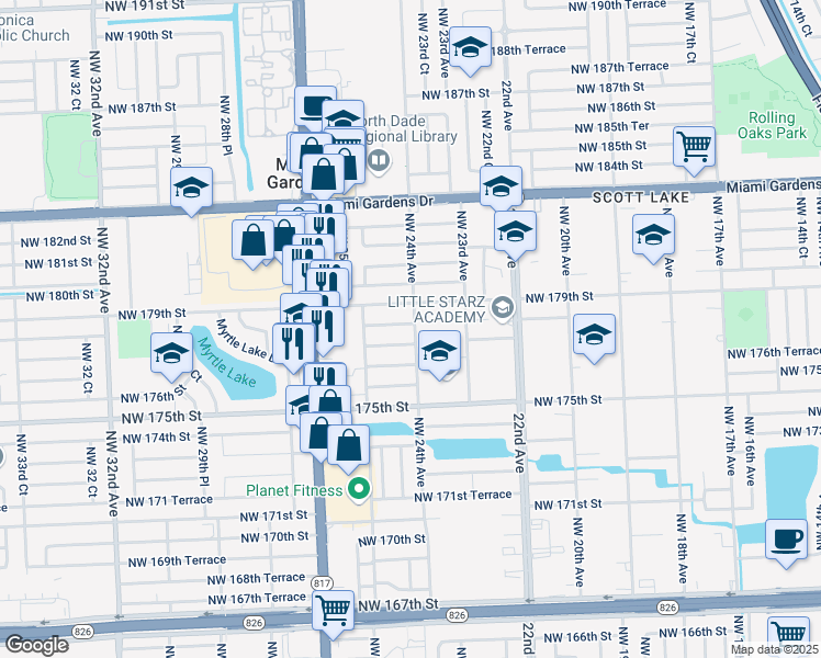 map of restaurants, bars, coffee shops, grocery stores, and more near 2402 Northwest 178th Terrace in Miami Gardens