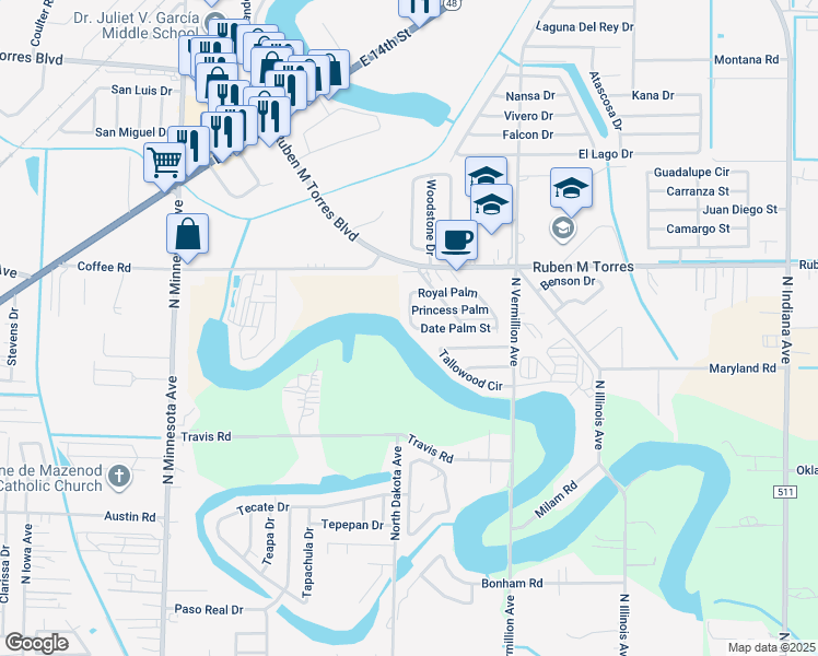 map of restaurants, bars, coffee shops, grocery stores, and more near 6609 Royal Palm in Brownsville