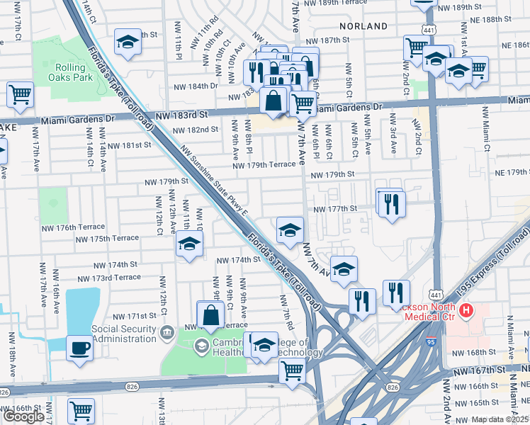 map of restaurants, bars, coffee shops, grocery stores, and more near 24 Northwest 8th Avenue in Miami Gardens