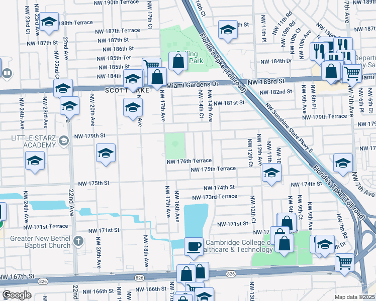 map of restaurants, bars, coffee shops, grocery stores, and more near 17721 Northwest 15th Court in Miami