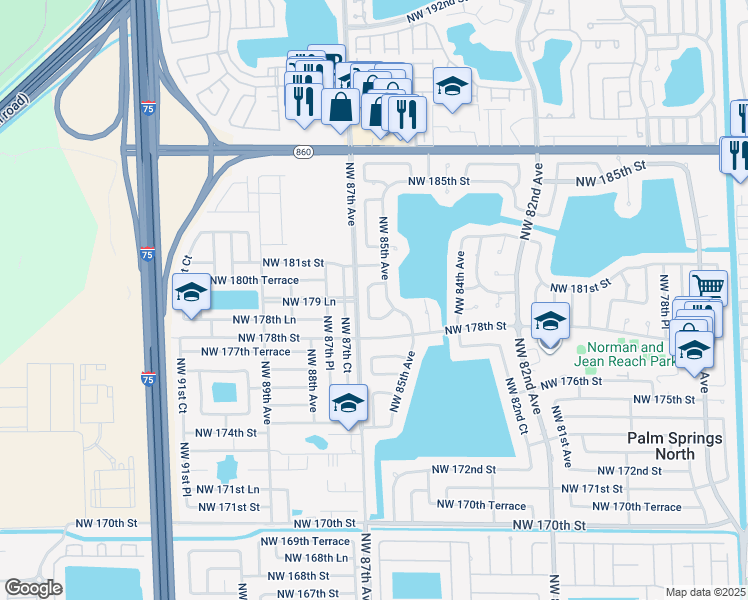 map of restaurants, bars, coffee shops, grocery stores, and more near 17941 Northwest 86th Avenue in Hialeah