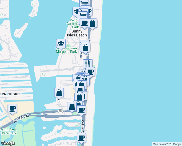 map of restaurants, bars, coffee shops, grocery stores, and more near 17315 Collins Avenue in Sunny Isles Beach