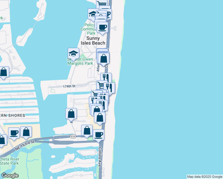 map of restaurants, bars, coffee shops, grocery stores, and more near 17315 Collins Avenue in Sunny Isles Beach