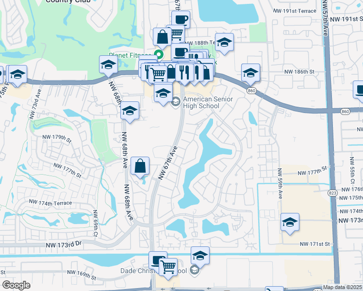 map of restaurants, bars, coffee shops, grocery stores, and more near 6641 Northwest 179th Terrace in Hialeah