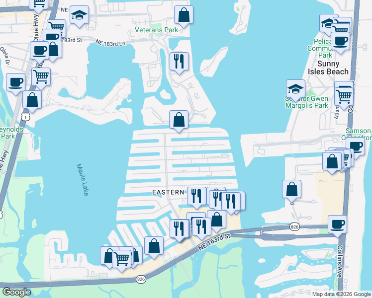 map of restaurants, bars, coffee shops, grocery stores, and more near 3600 Northeast 170th Street in Miami