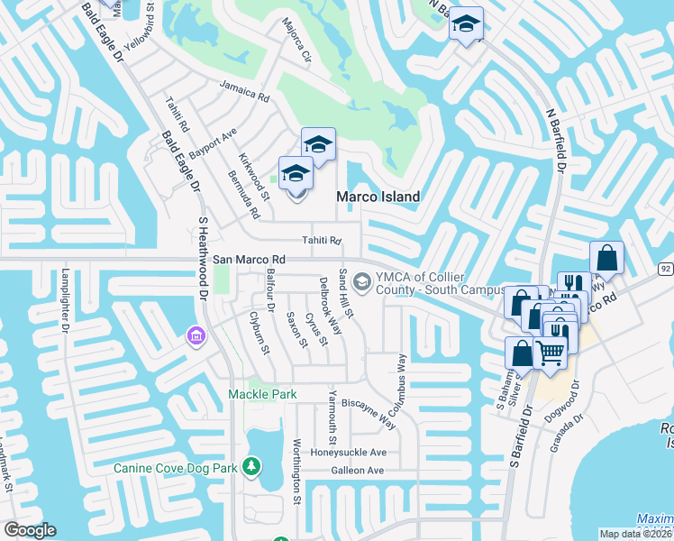 map of restaurants, bars, coffee shops, grocery stores, and more near 70 Sand Hill Street in Marco Island